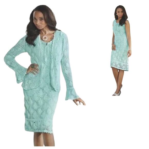Ashro Dresses & Skirts - ASHRO Crochet Suit Aqua-Mint Jacket Dress Church Party Resort Cruise Office